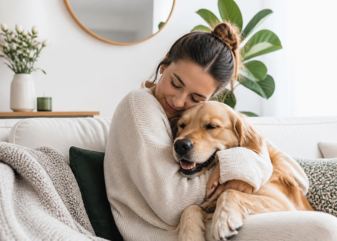 Mujer abrazando a su perro en casa